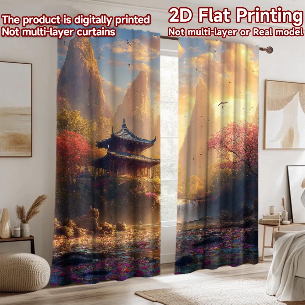 2D flat printing 2pcs Window Curtains Asian Landscape Temple Waterfall Birds Digital Printed Polyester Drapes Party Decorations