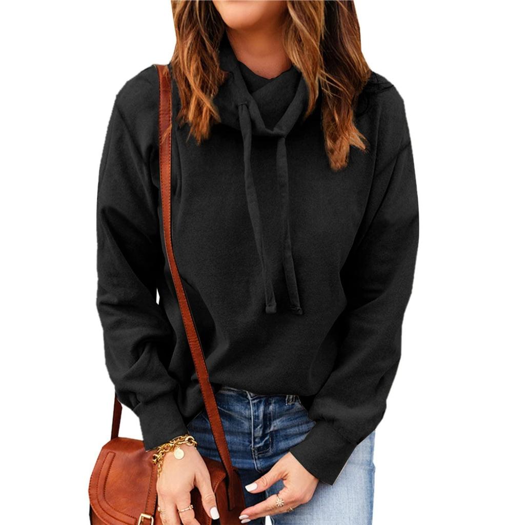 Women's Fashion Casual Long Sleeve Solid Color High Neck Drawstring Sweatshirt