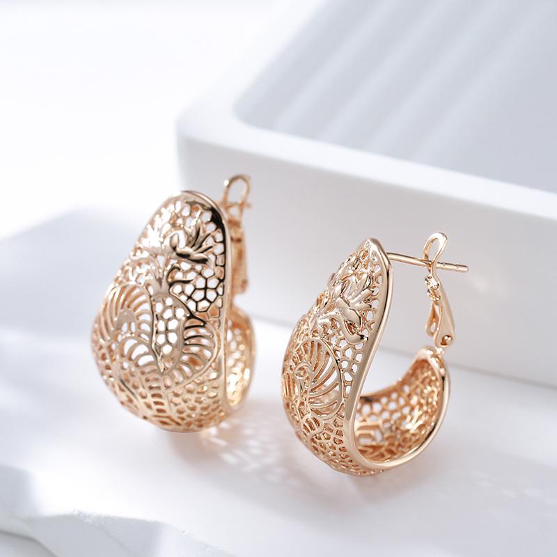 New Trend  Rose Gold Color Glossy Earrings For Women Fashion Creative Party Jewelry Simple Hollow Flower Drop Earrings