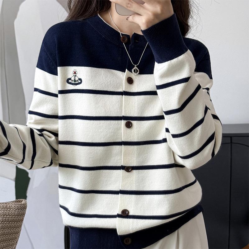 

Женский корейский кардиган из трикотажа в полоску с вышивкой в стиле колор-блок - осенне-зимний свитер с круглым вырезом L