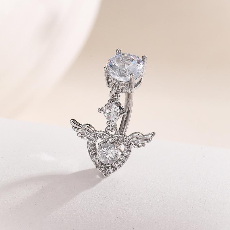Fashion Zircon Heart Angel Wings Belly Button Ring Crystal Flower Navel Ring Barbell For Women Girls Belly Piercing Body Jewelry
