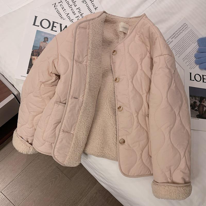 Women's Pink Lambswool Cotton Winter Coat 2022 - Korean Style Thickened Round Neck Jacket