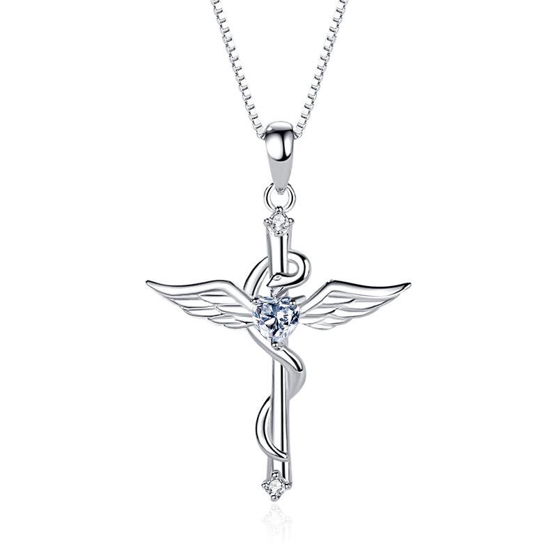 Sterling Silver S925 Cross-Woven Angel Wings Zircon Pendant - Fashion Jewelry