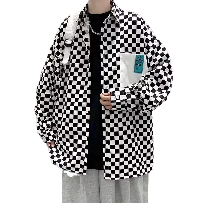 Men's Retro Checkered Patchwork Jacket - Long-Sleeve, Loose-Fit, Lapel Style for Spring & Autumn
