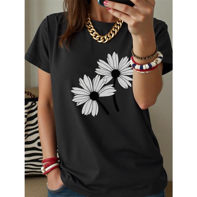 

Womens Black White Floral Print Tee Round Neck Short Sleeve Medium Stretch Lightweight Breathable Spring Summer All Season Casual Top 4XL чорний