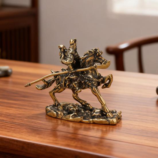Brass General Figurine Retro Guan Yu On War Horse Statue Distressed Desktop Sculpture Collectible