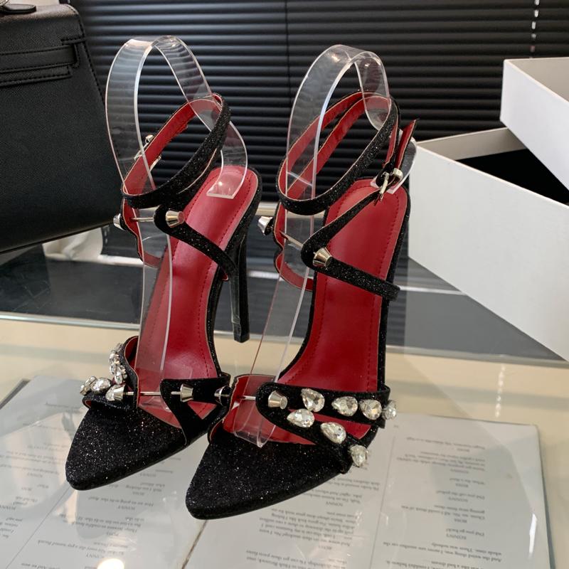 

Сексуальные женские босоножки с кристаллами и стразами, с заклепками, острым носком и пряжкой на щиколотке, туфли на высоком каблуке для ночного клуба и вечеринки 35