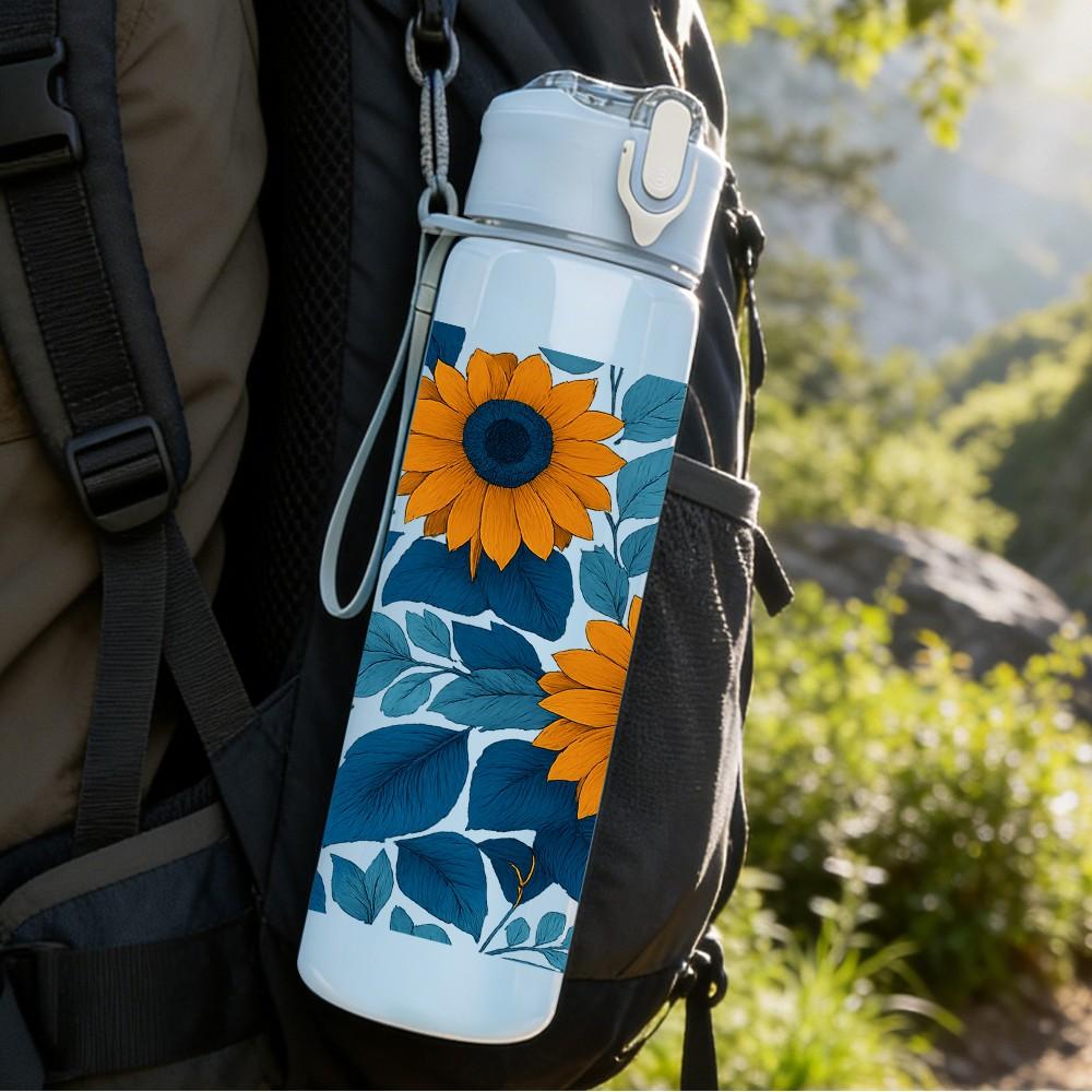 1PC Mosaic Sunflower Floral 750ml Color Plastic Sports Water Bottle Leakproof Flip Straw Lid Suitable for Sports Office Home Use