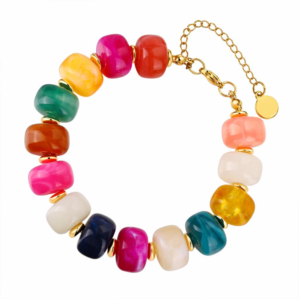 Bohemian Multi Color Resin Bead Bracelet for Women,18K Gold Plated Stainless Steel, Waterproof Summer Beach Vacation Jewelry