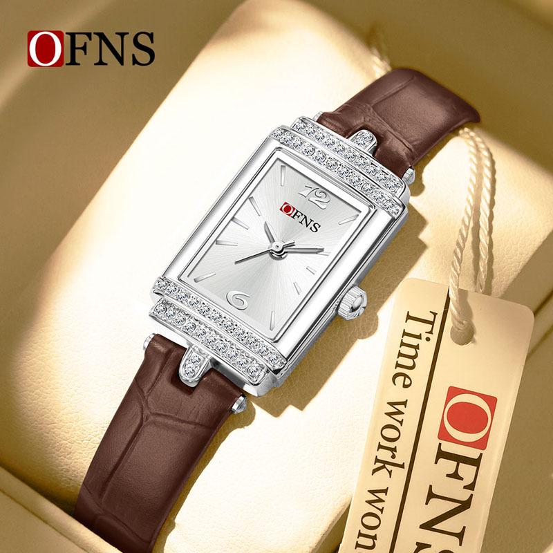 OFNS Women's Luxury Square Leather Strap Watch - Waterproof Quartz with Diamond Detailing