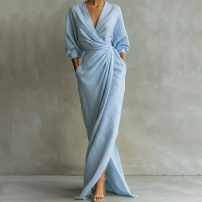 Maxi Abito Avvolgente Diviso da Donna Manica 3/4 Scollo a V Ruched Bodycon Lungo Abito da Cocktail Ospite Matrimonio con Tasche