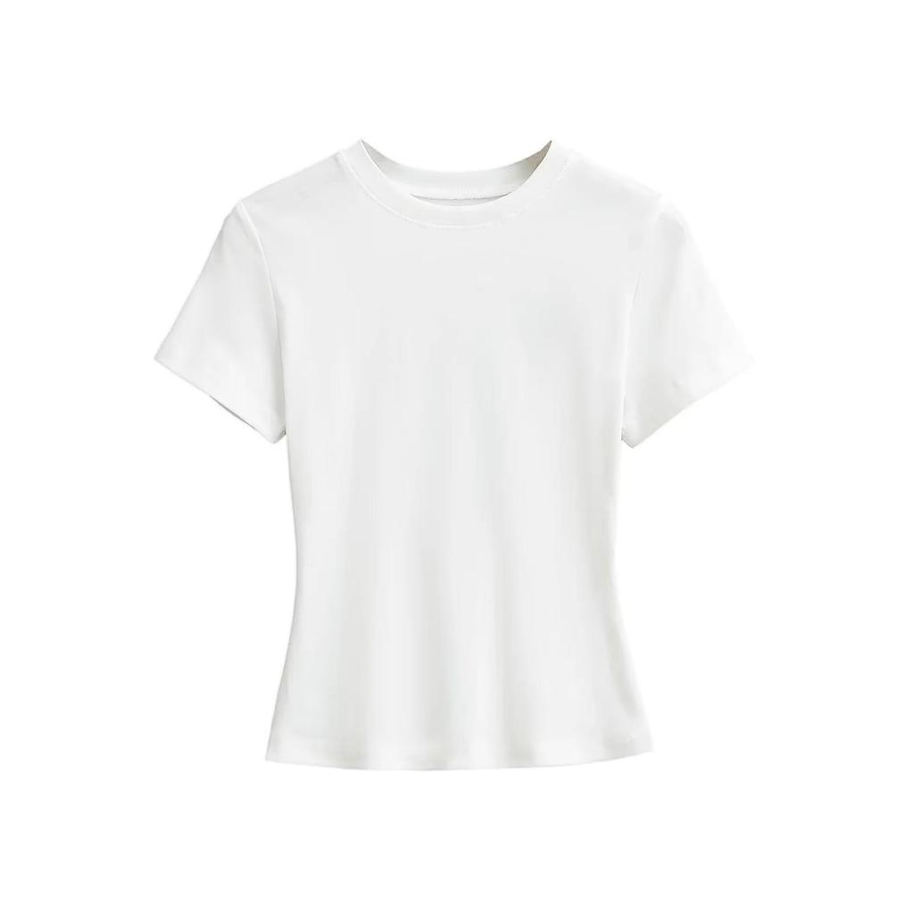 Retro Solid Color Slim Fit Crop Top with Round Neck & Short Sleeves