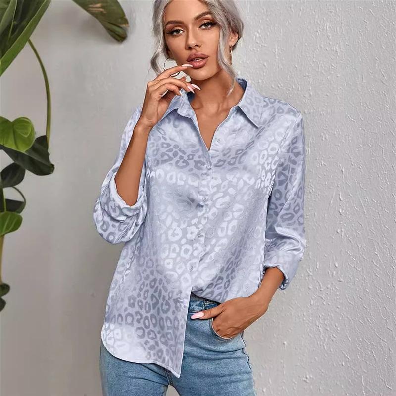 Womens Spring Summer Lapel Button Up Leopard Print Jacquard Shirt Elegant Commuter Long Sleeve Shirt
