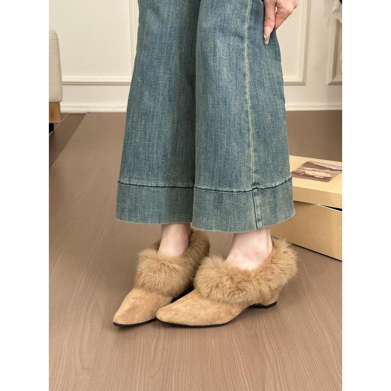 Gentle Tie! Retro Suede Pointed Head Hairy Edge Single Shoes Winter Velvet Inner Height-increasing Single Shoes