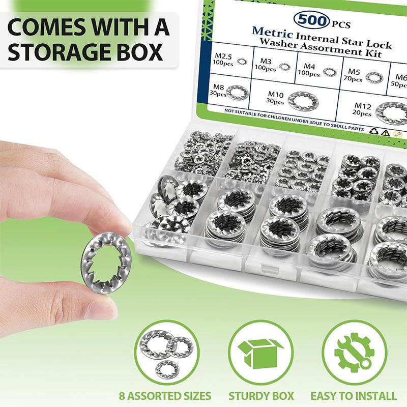 304 Stainless Steel Serrated Lock Washers with Inner/Outer Teeth, Anti-Loosening, Toothed Design, Sizes M2.5-M12