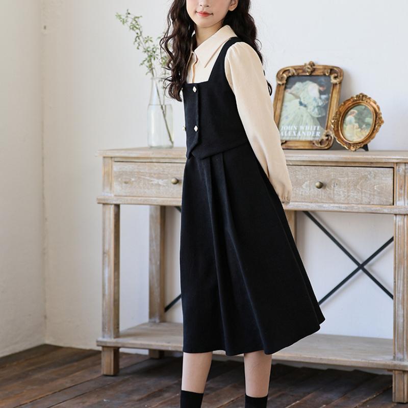 Girls' Fashionable Two-Piece Style Dress Spring/Fall Children's Vintage-Inspired Waist-Cinched Dress