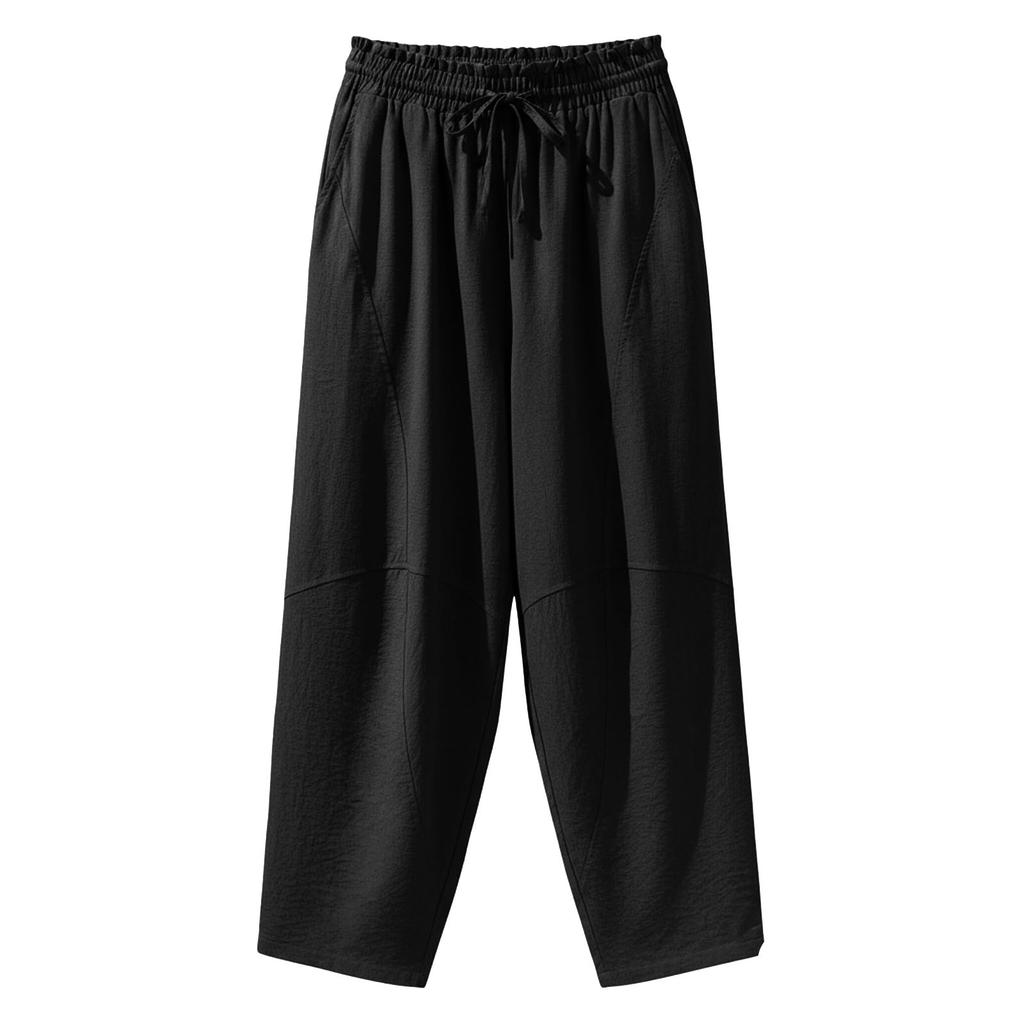 Damen lockere lässige elastische Bundzug-Hosen mit Taschen, leichte entspannte Hose für den Alltag