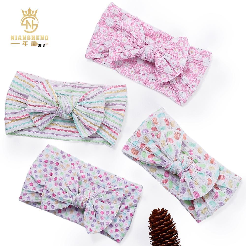 

Spring Jacquard Double-Line Nylon Headband with Printed Bow for Babies