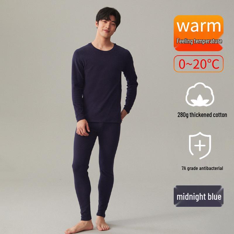 Men's Thermal Underwear Set: Antibacterial Round Neck & Thickened 250g Double-Sided Brushed Cotton for Autumn & Winter