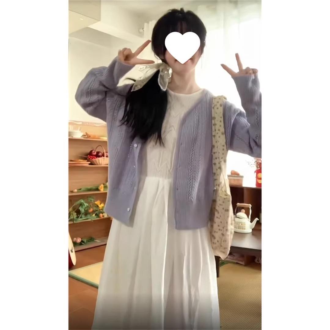 

2025 Spring Women s Gentle Style Sleeveless Vest Slim Fit Long Dress with Hollow Knit Cardigan XXL