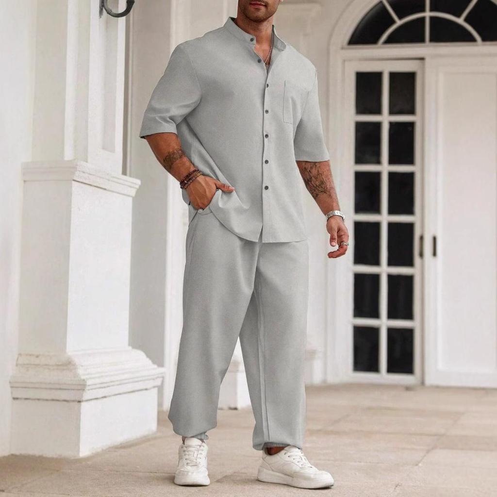 Camicia Casual da Uomo in Cotone e Lino con Bottoni, Pantaloni a Maniche Corte, Completo Casual Monocolore
