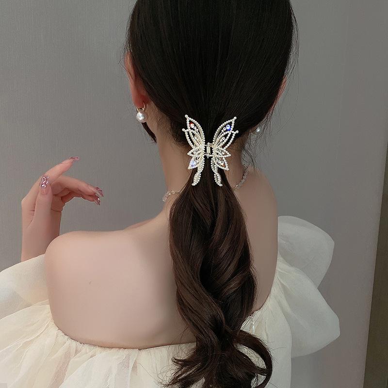 Elegant Korean Pearl Rhinestone Butterfly Claw Clip for Updos