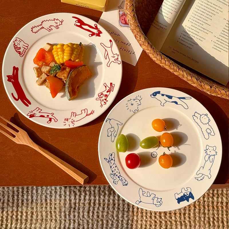 Korean Cute Cat Puppy Graffiti Plate Ins Ceramic Breakfast Plate Vintage Household Utensils Coffee Shop Cake Dessert Fruit Plate