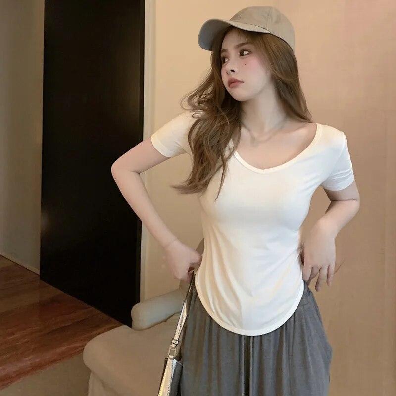 Women V-Neck Basic T-Shirt Breathable Ladies Summer Short Sleeve Korean Style Bottoming T-Shirts