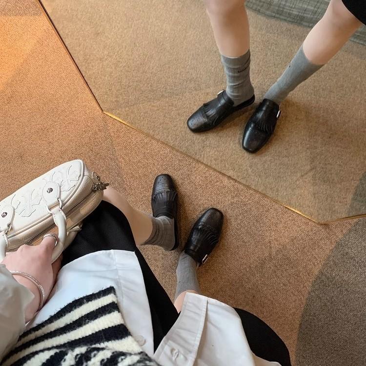 Cowhide Version Grape Mother Brock Engraved Fringed Bag Head Slippers Women's Summer Wear Flat-bottomed Retro Muller Half Slippers