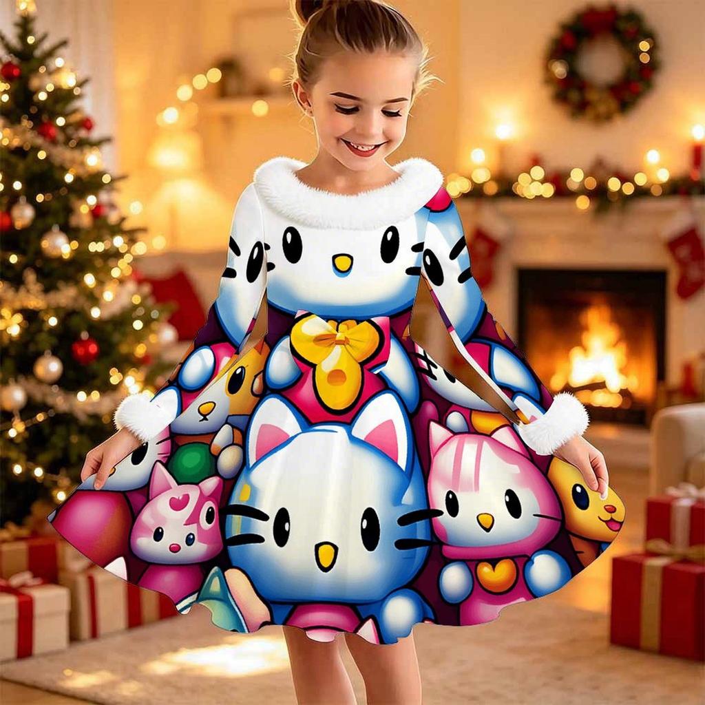 Kids Long Sleeve Christmas Dress, Cute Print Faux Fur Collar Bow Decor Princess Dresses for Girl Holiday Party Wear