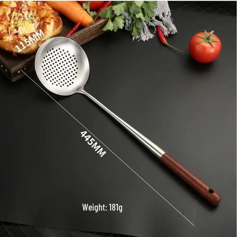 Stainless Steel Spatula with Extended Wooden Handle - High-Temperature Resistant, Anti-Scald Kitchen Utensil for Frying and Stir-Fry Cooking.