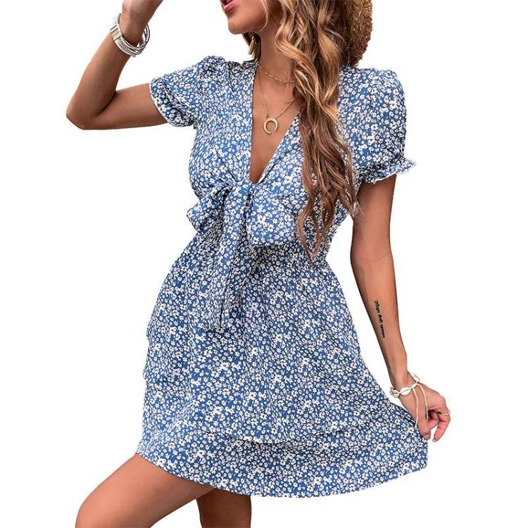 Summer Women Floral Print High Waist Dress with Bow Detail V Neck Short Sleeve