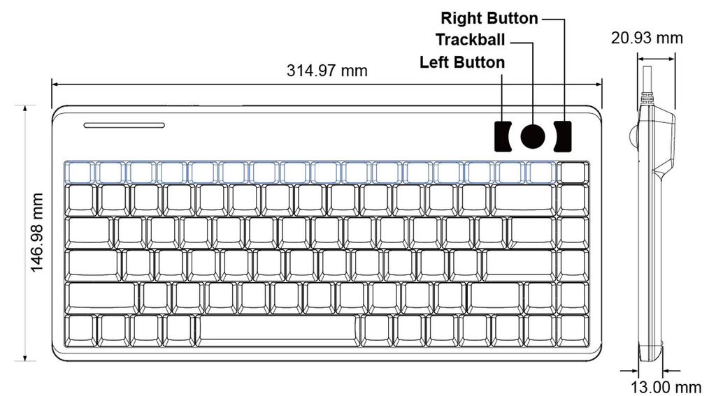 Perix PLUS Keyboard with Trackball 2 USB Hubs 14mm Optical Trackball USB Size 315x147x23mm Cable For Commercial Use English Keyboard Layout