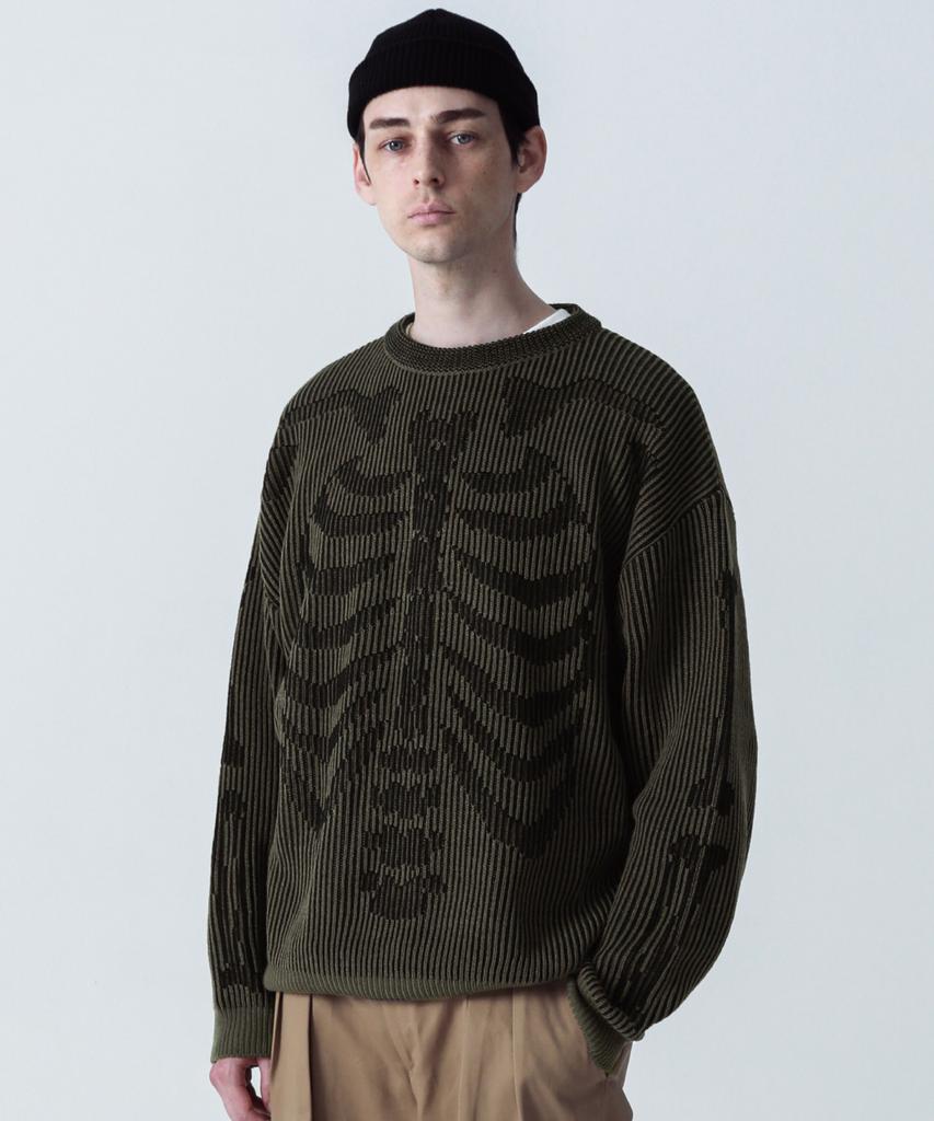 STAGE NAME Two-Tone Skeleton Bones Round Neck Oversized Knit_Khaki