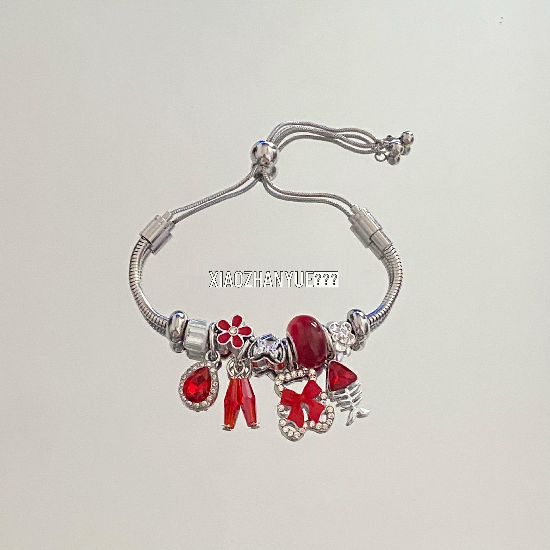

Beaded Stainless Steel Women s Bracelet with Bear, Bow, and Diamond Charms