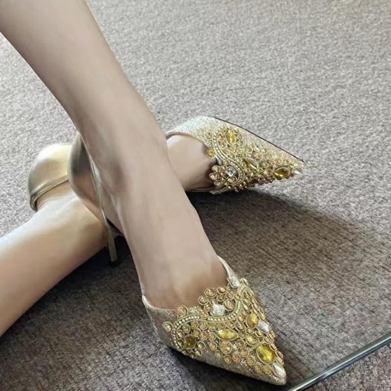 

Модная обувь на тонком каблуке Весенний новый стиль Острый носок Открытый верх Кристальная отделка На ногу Противоскользящие Износостойкие Туфли на высоком каблуке 39 золотой