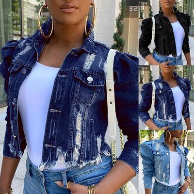 Automne Femmes Manteau Vestes Sexy À Manches Longues Poche Déchiré Denim Veste Streetwear Manteau Court Grande Taille