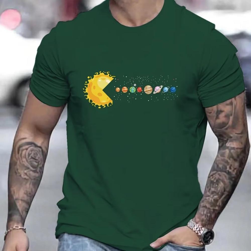 Men's 100% Pure Cotton Summer Loose and Comfortable Casual Solar System Planets Printed Round Neck Short Sleeved T-shirt Top