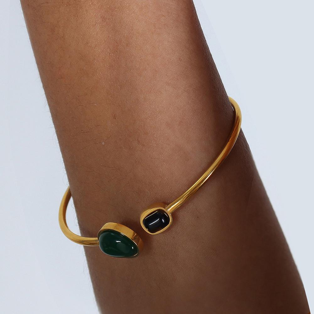 Elegant Women's Bracelets Bangles With Green Black Agate Stone 18K Gold Plated Stianless Steel Cuff Bracelet Bangle For Women