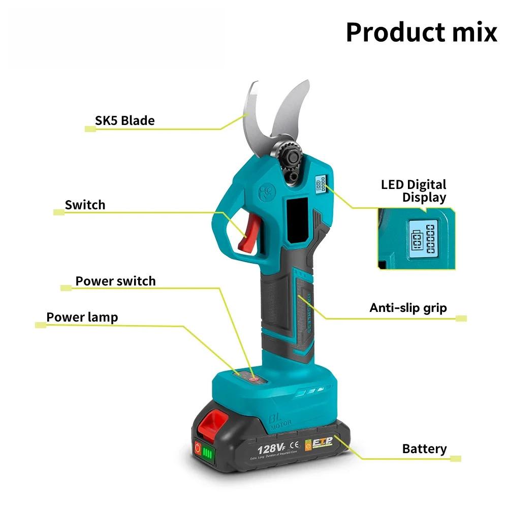 30mm 4 Gears Brushless Electric Pruner Shear Adjustable Cordless Electric Scissors Garden Bonsai Trimming Power Tools