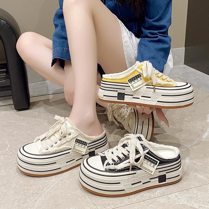 Fashion versatile thick-soled high canvas shoes for women's 2025 spring and autumn new comfortable lace-up outer wear casual soft sole half drag