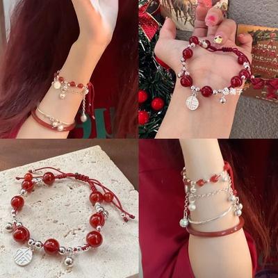 Miao Girl~Red Rope Bell Bracelet Handmade Woven Bright Playful Girl Heart Hand Accessory Exquisite Bowknot