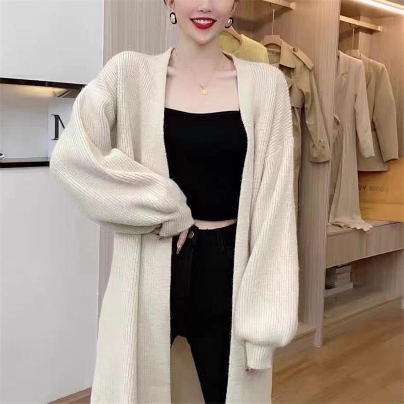 

GMXIA Мягкий восковой однотонный вязаный кардиган женский осенний свободный ленивый ветер длинный свитер пальто One size бежевый