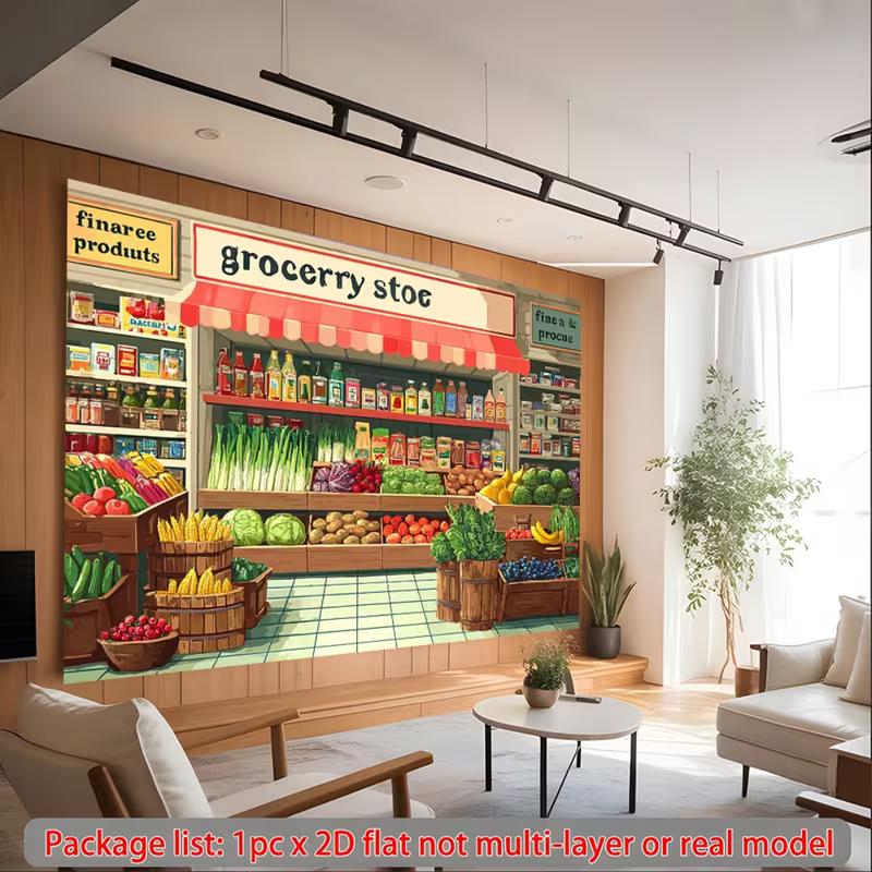 2D Cartoon Supermarket Backdrop Fruit Veggie Shop Photo Booth Background