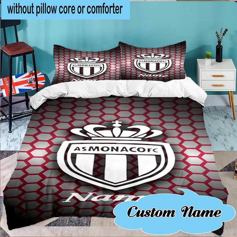 Custom Name Monaco Football Crest Bedding Set 3pcs, Bedding Set Including 1pc Duvet Cover And 2pcs Pillowcases for Bedroom, Dormitory Gift
