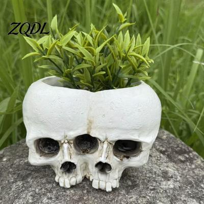 Creative Desktop Succulents Pot Double Skull Flowerpot for Green Plants, Realistic Resin Planter, Gothic Halloween Plant Container Party & Indoor