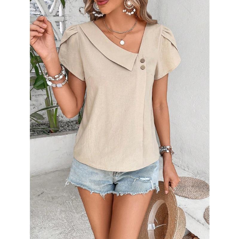 2026 Summer New Oblique Collar Loose Women Blouse Casual Solid Color Shirt Ladies Simple Button Sweet Petal Sleeves Tees Tops Fashion Elegant Clothes