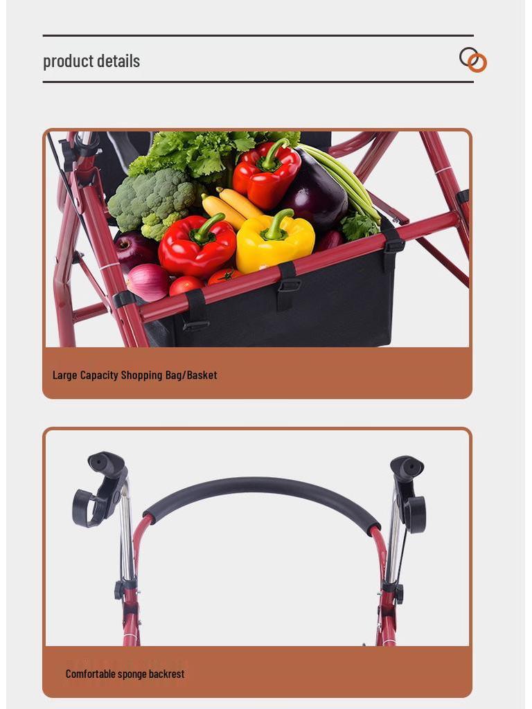 Elderly-Accessible Foldable Shopping Cart and Walker with Seat
