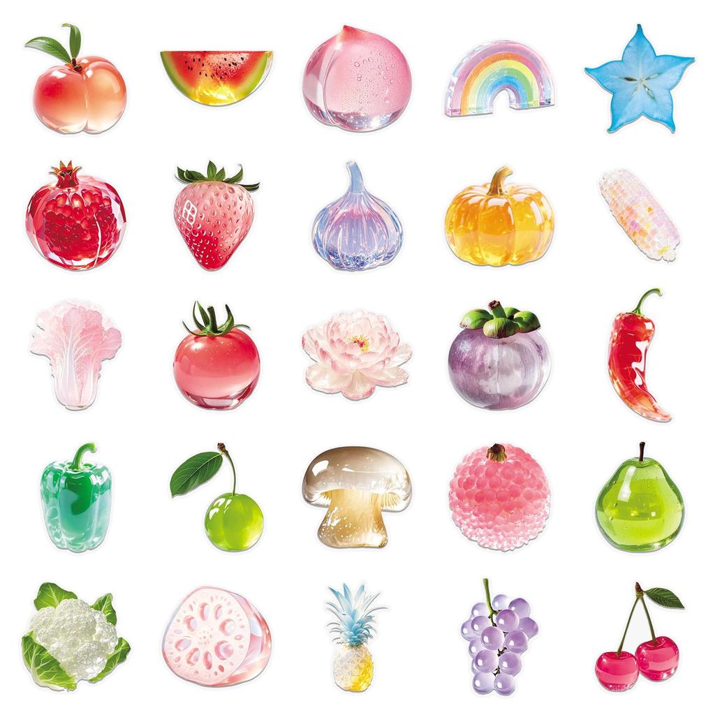 50 Transparent Waterproof PET Stickers - Colorful Fruit & Food Designs for Water Bottles