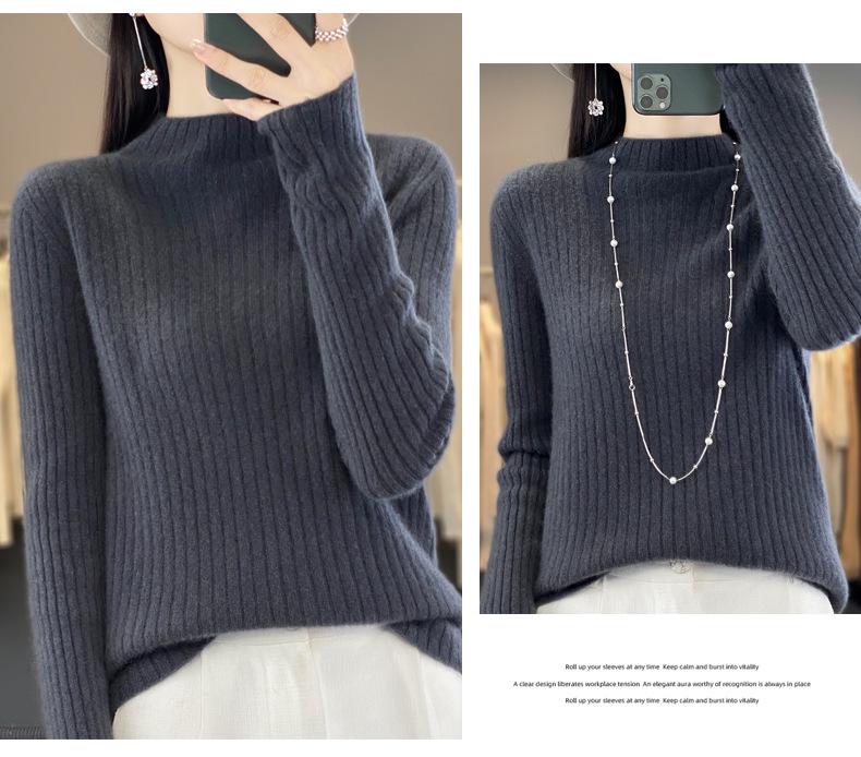 2024 Autumn/Winter Women's Pure Wool Half-High Collar Ribbed Sweater - Slim, Versatile, and Loose-Fitting Knit Top